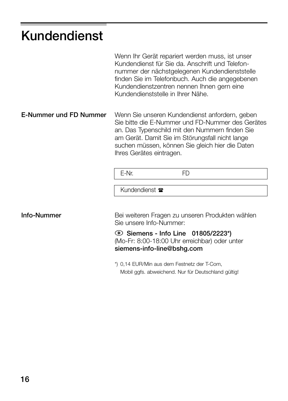 Kundendienst | Siemens ET375GU11E User Manual | Page 16 / 120