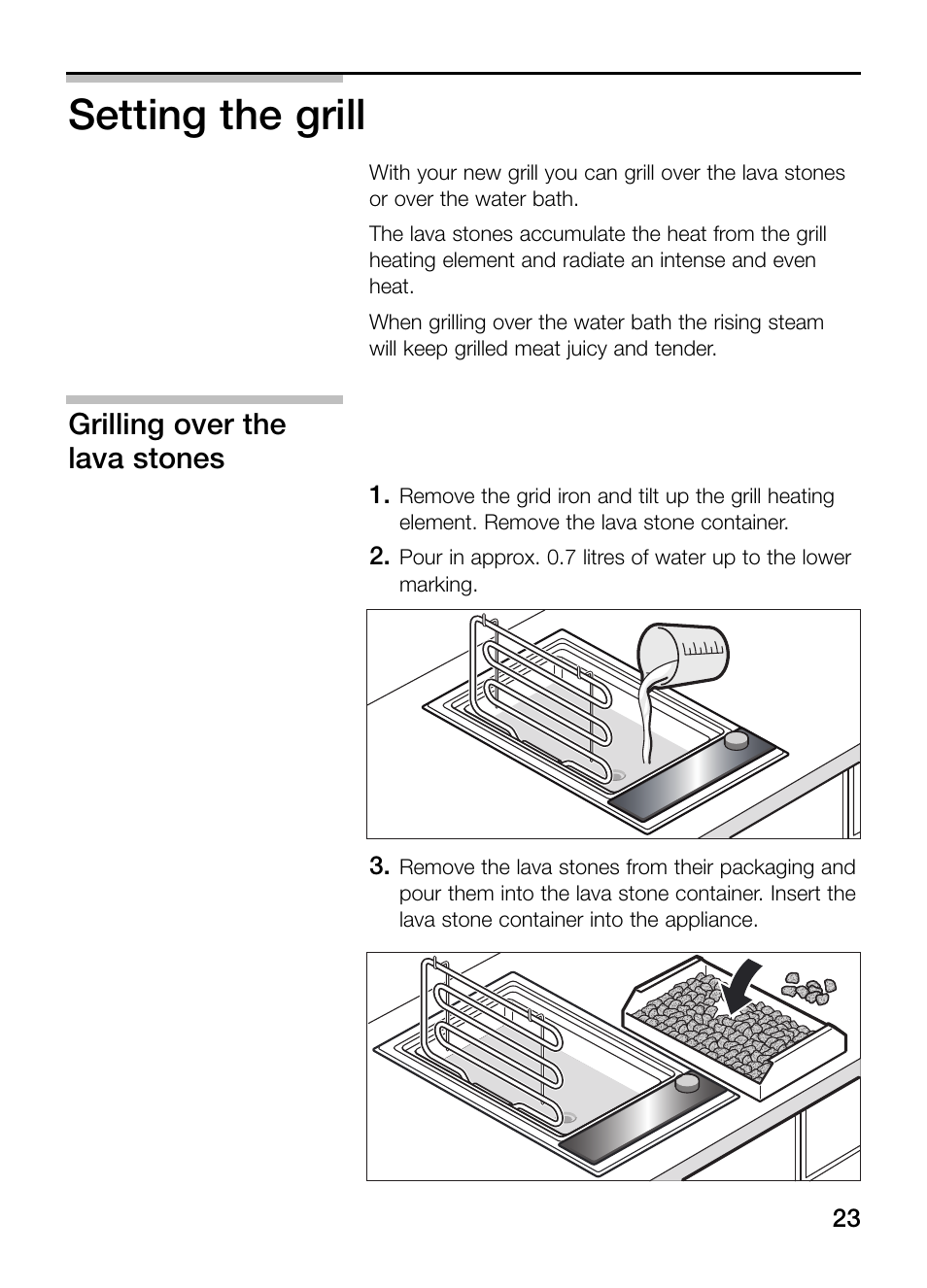 Setting the grill, Grilling over the lava stones | Siemens ET375GU11E User Manual | Page 23 / 120