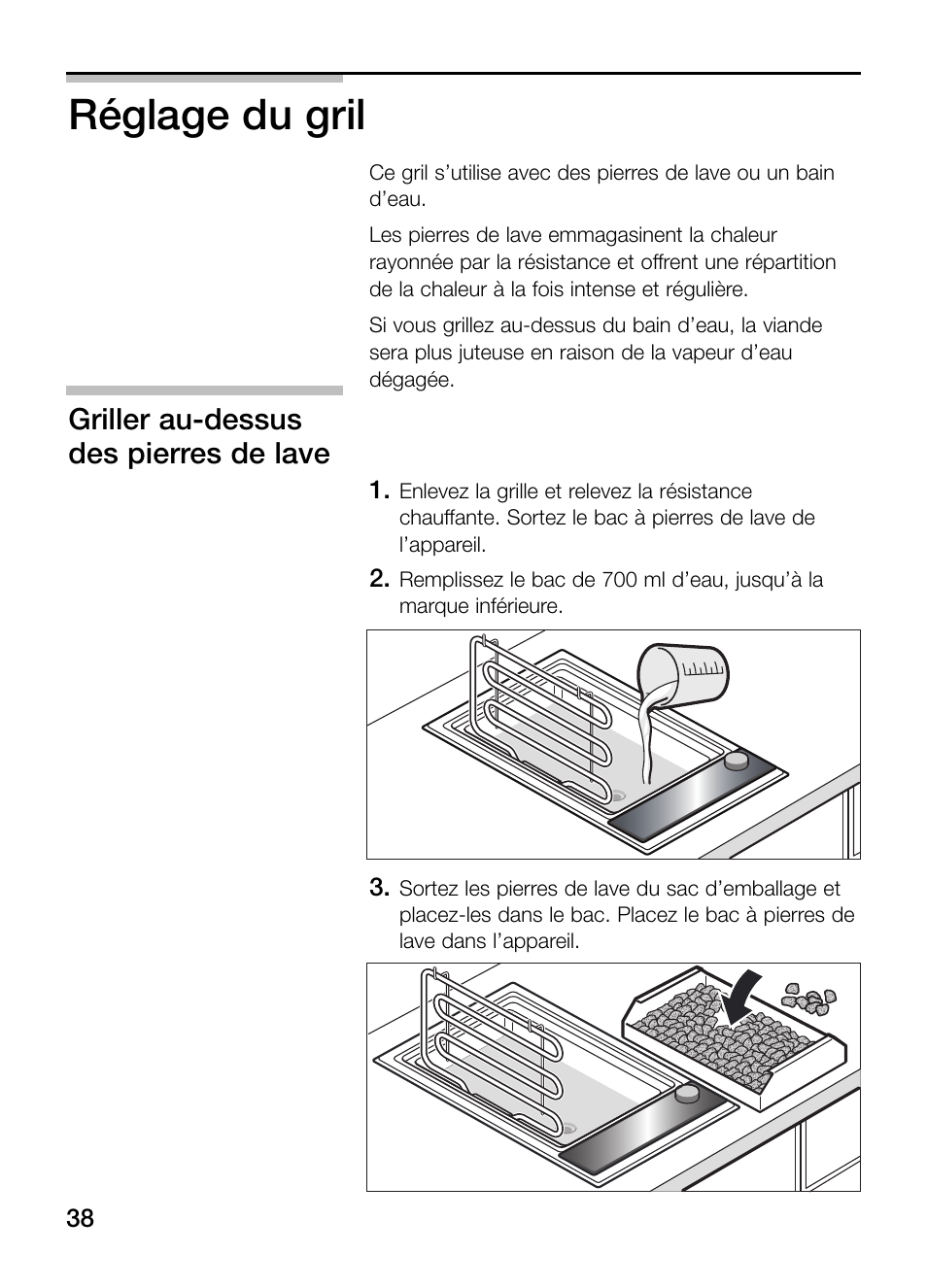 Réglage du gril, Griller au-dessus des pierres de lave | Siemens ET375GU11E User Manual | Page 38 / 120