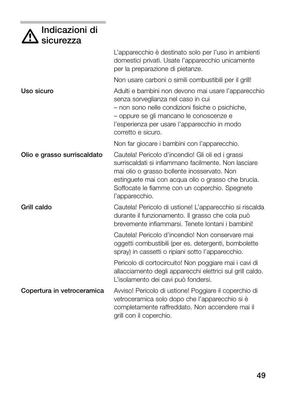 Indicazioni di, Sicurezza | Siemens ET375GU11E User Manual | Page 49 / 120