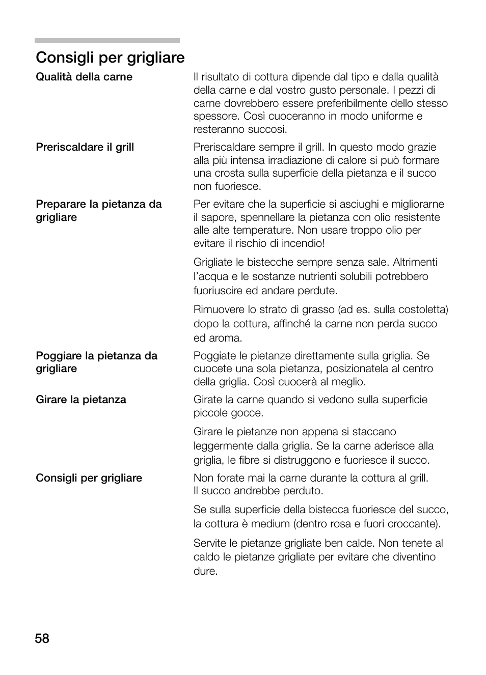 Consigli per grigliare | Siemens ET375GU11E User Manual | Page 58 / 120