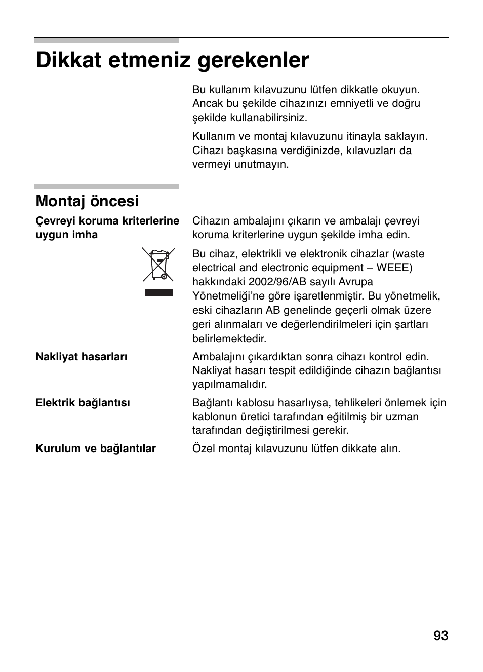 Dikkat etmeniz gerekenler, Montaj öncesi | Siemens ET375GU11E User Manual | Page 93 / 120