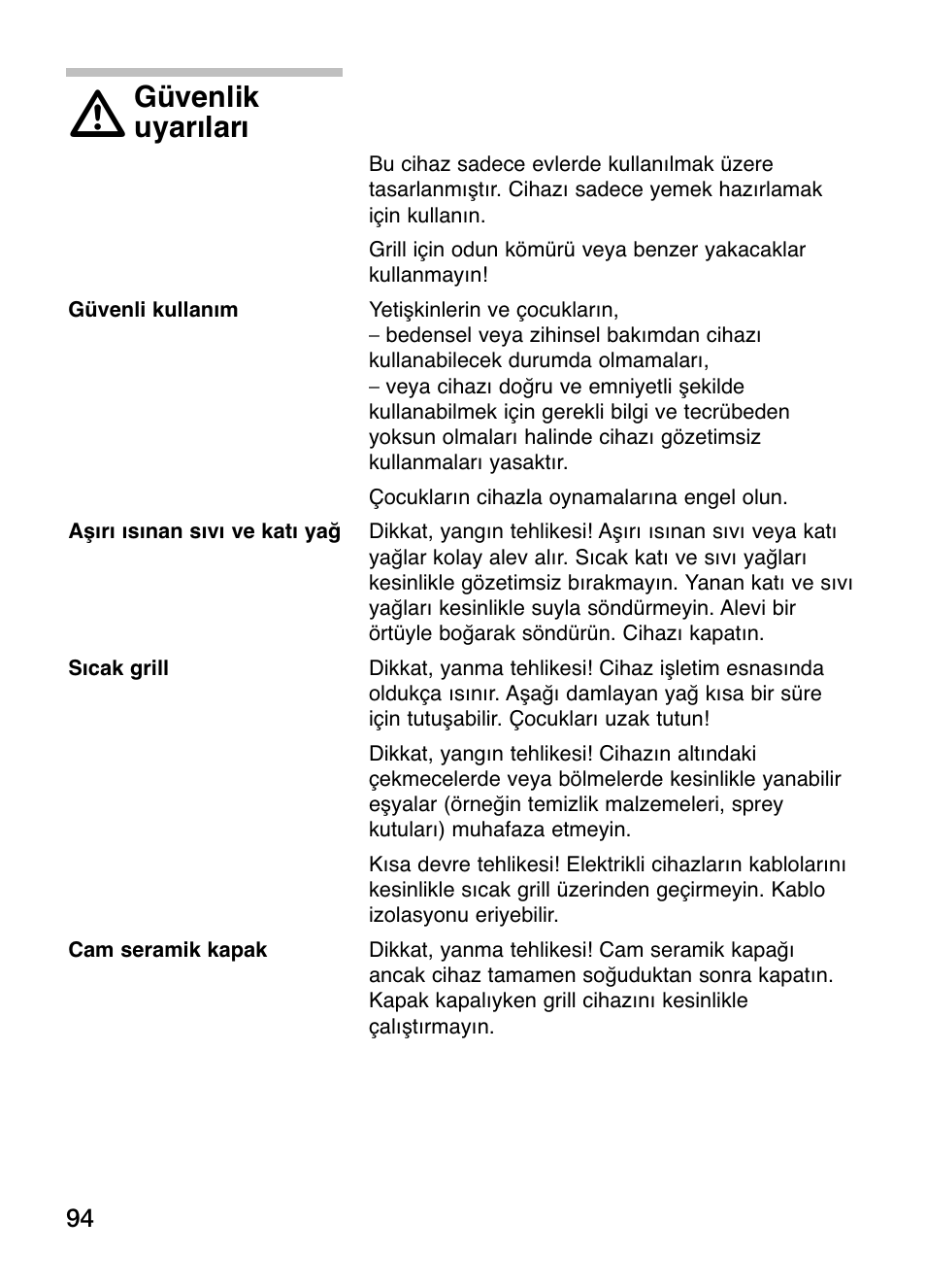 Güvenlik, Uyarıları | Siemens ET375GU11E User Manual | Page 94 / 120