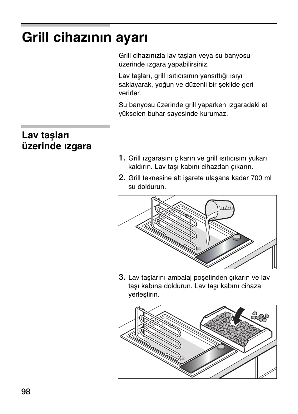 Grill cihazının ayarı, Lav taşları üzerinde ızgara | Siemens ET375GU11E User Manual | Page 98 / 120