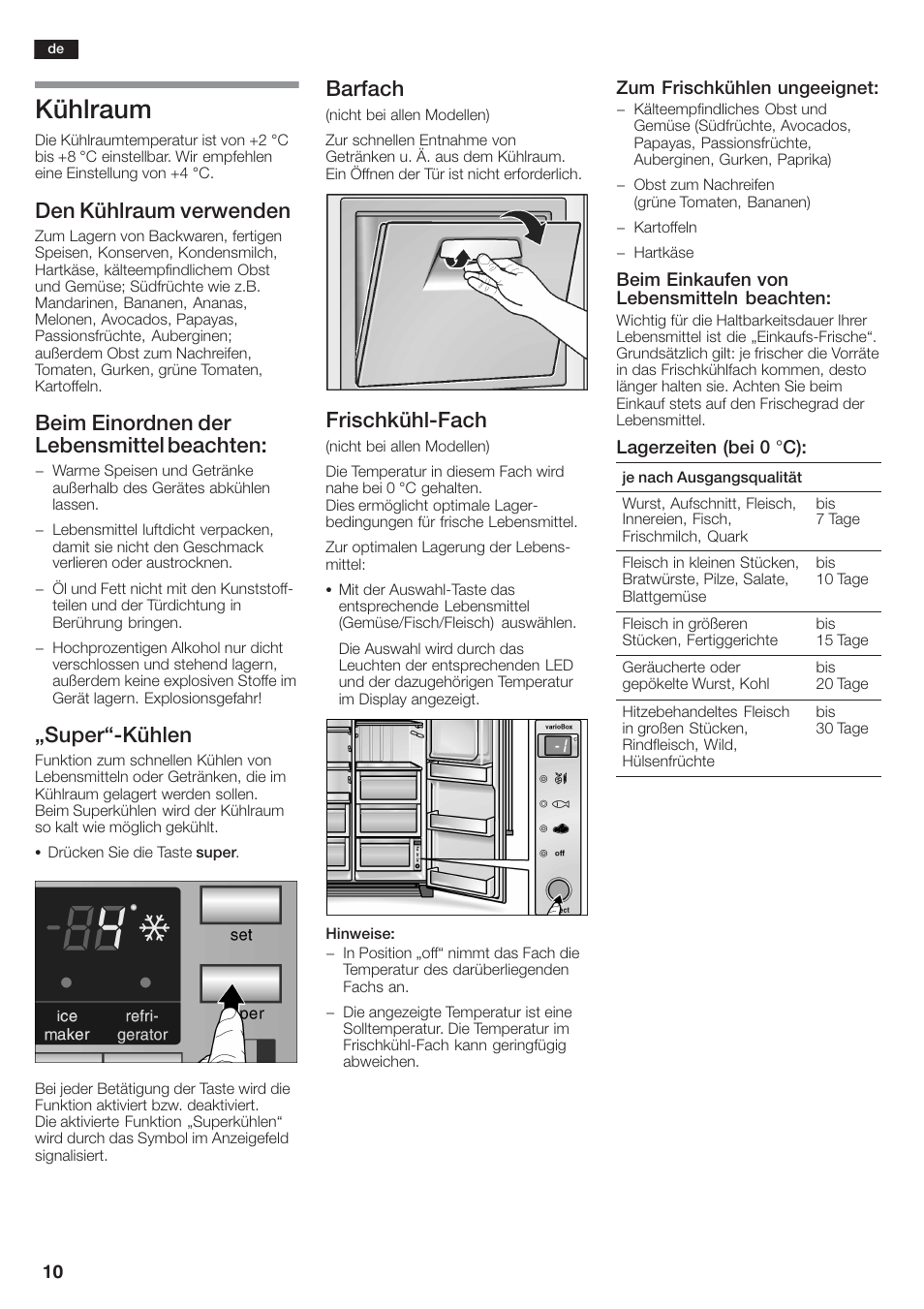 Kühlraum, Den kühlraum verwenden, Beim einordnen der lebensmittel beachten | Ęsuperćkühlen, Barfach, Frischkühlćfach | Siemens KA58NA45 User Manual | Page 10 / 264