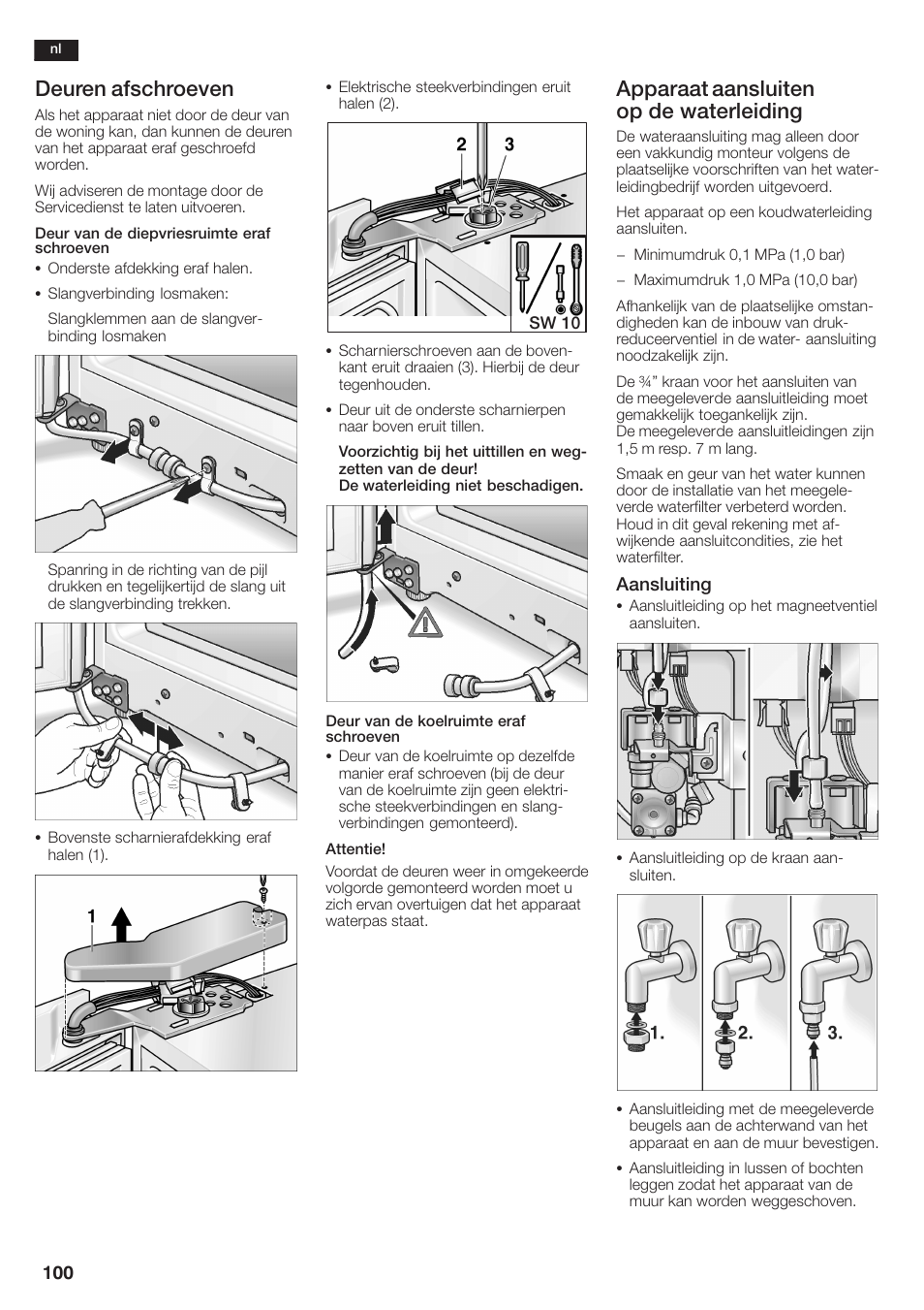 Deuren afschroeven, Apparaat aansluiten op de waterleiding | Siemens KA58NA45 User Manual | Page 100 / 264