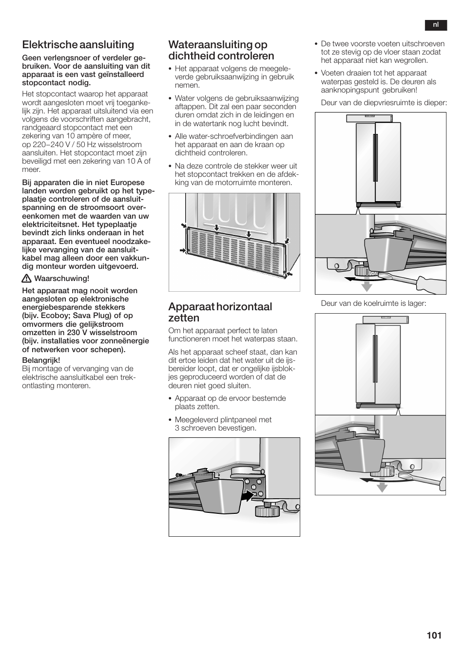 Elektrische aansluiting, Wateraansluiting op dichtheid controleren, Apparaat horizontaal zetten | Siemens KA58NA45 User Manual | Page 101 / 264