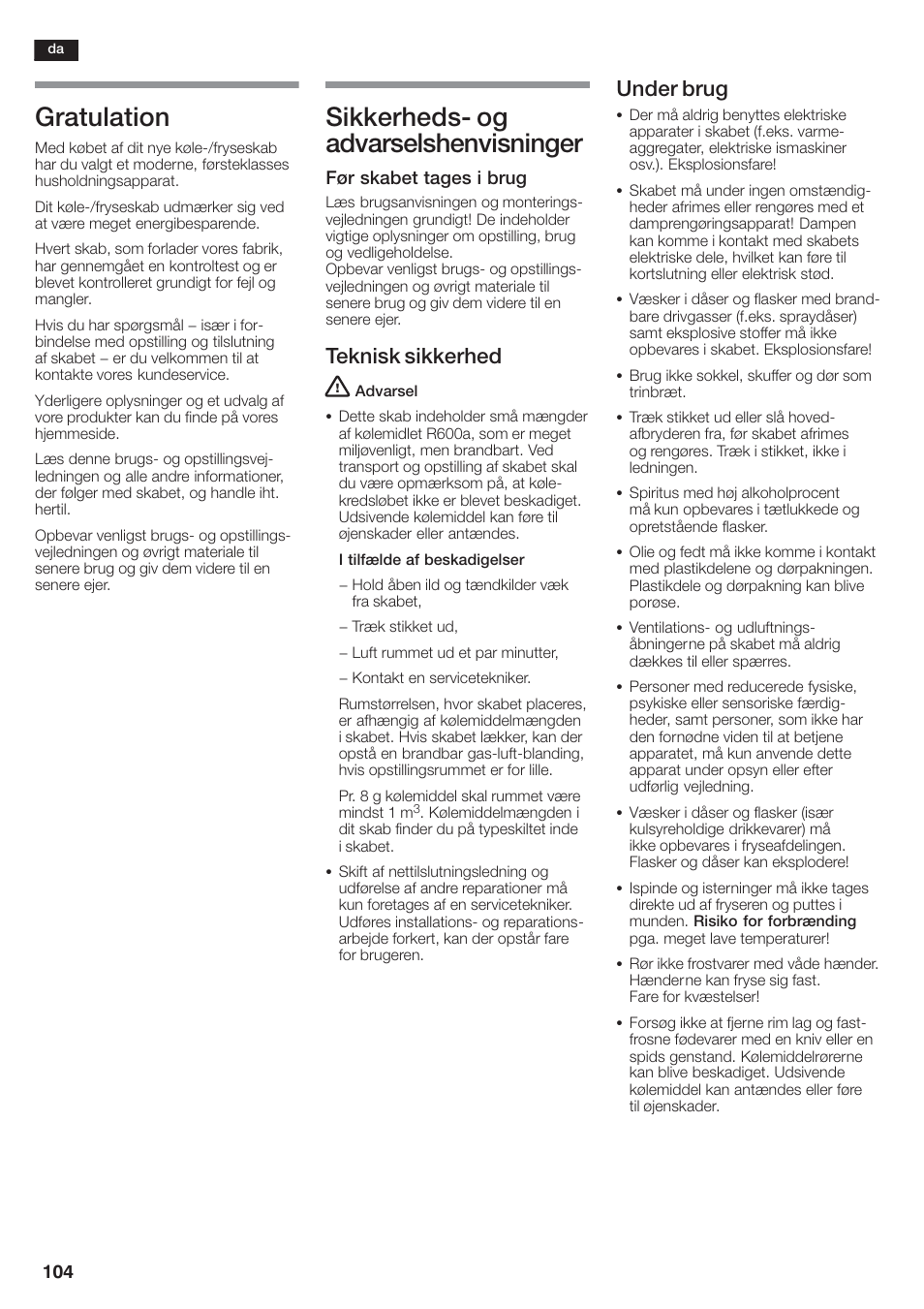 Gratulation, Sikkerhedsć og advarselshenvisninger, Teknisk sikkerhed | Under brug | Siemens KA58NA45 User Manual | Page 104 / 264