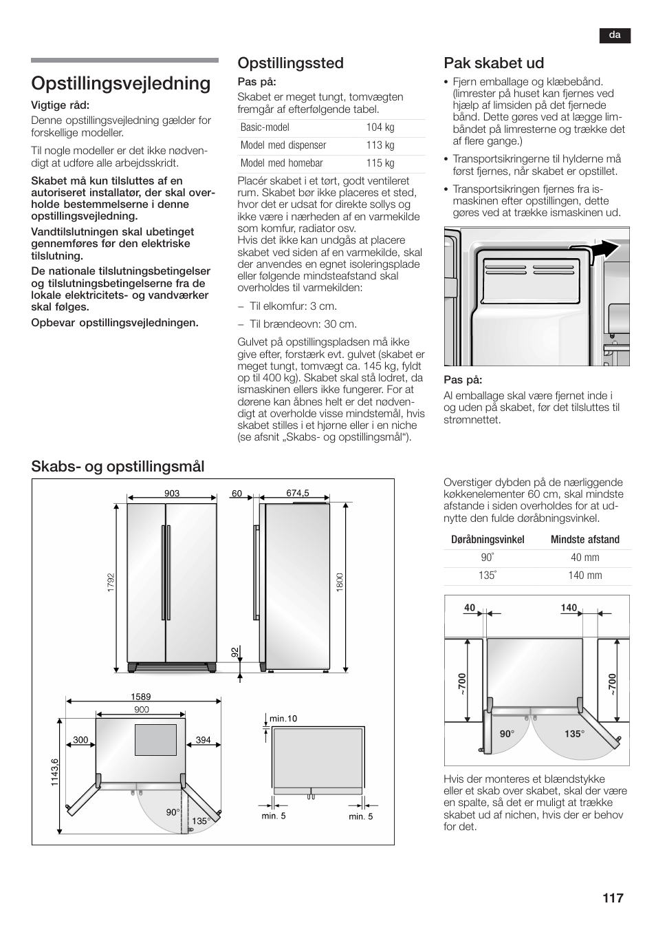 Opstillingsvejledning, Opstillingssted, Pak skabet ud | Skabsć og opstillingsmål | Siemens KA58NA45 User Manual | Page 117 / 264