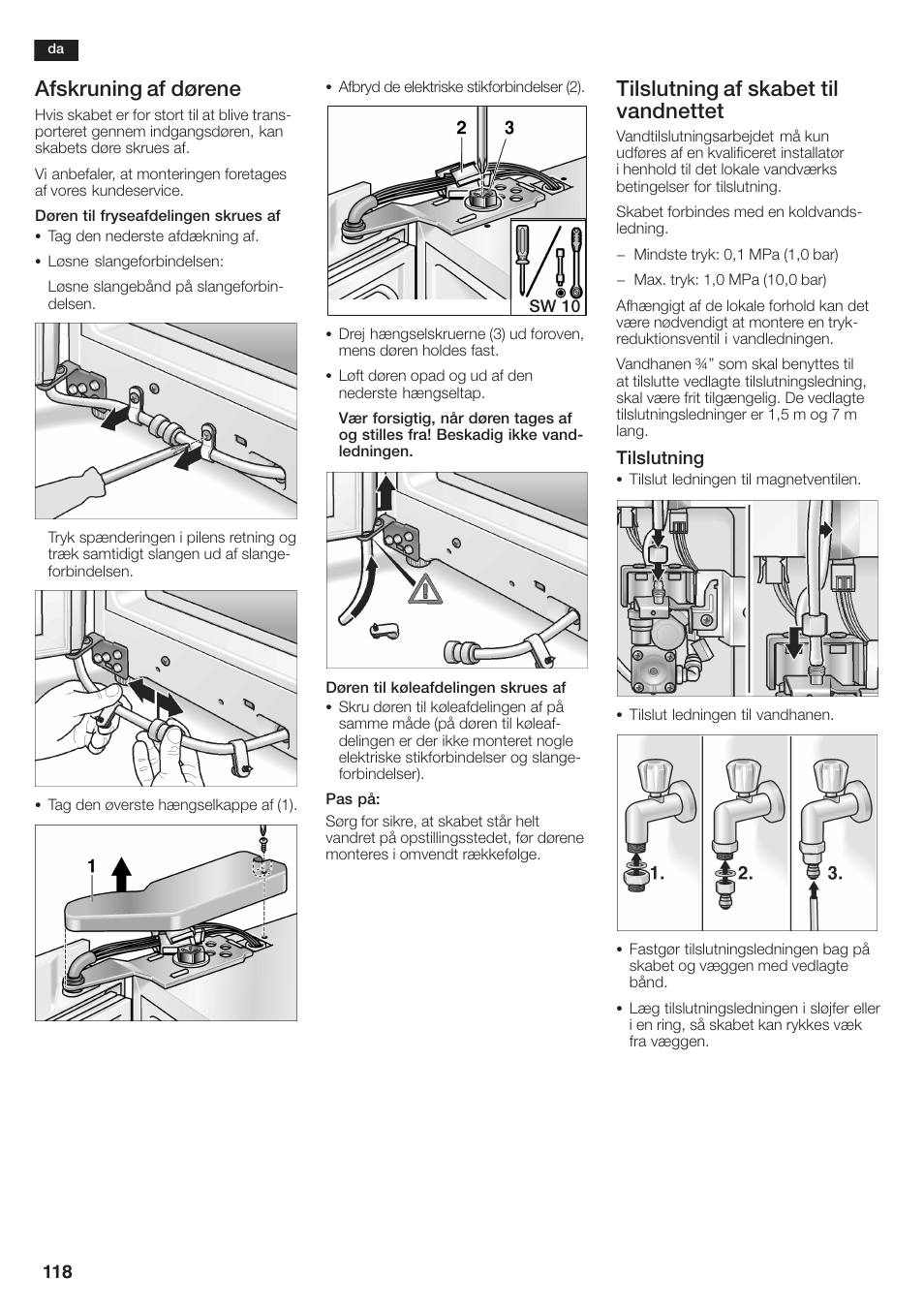 Afskruning af dørene, Tilslutning af skabet til vandnettet | Siemens KA58NA45 User Manual | Page 118 / 264