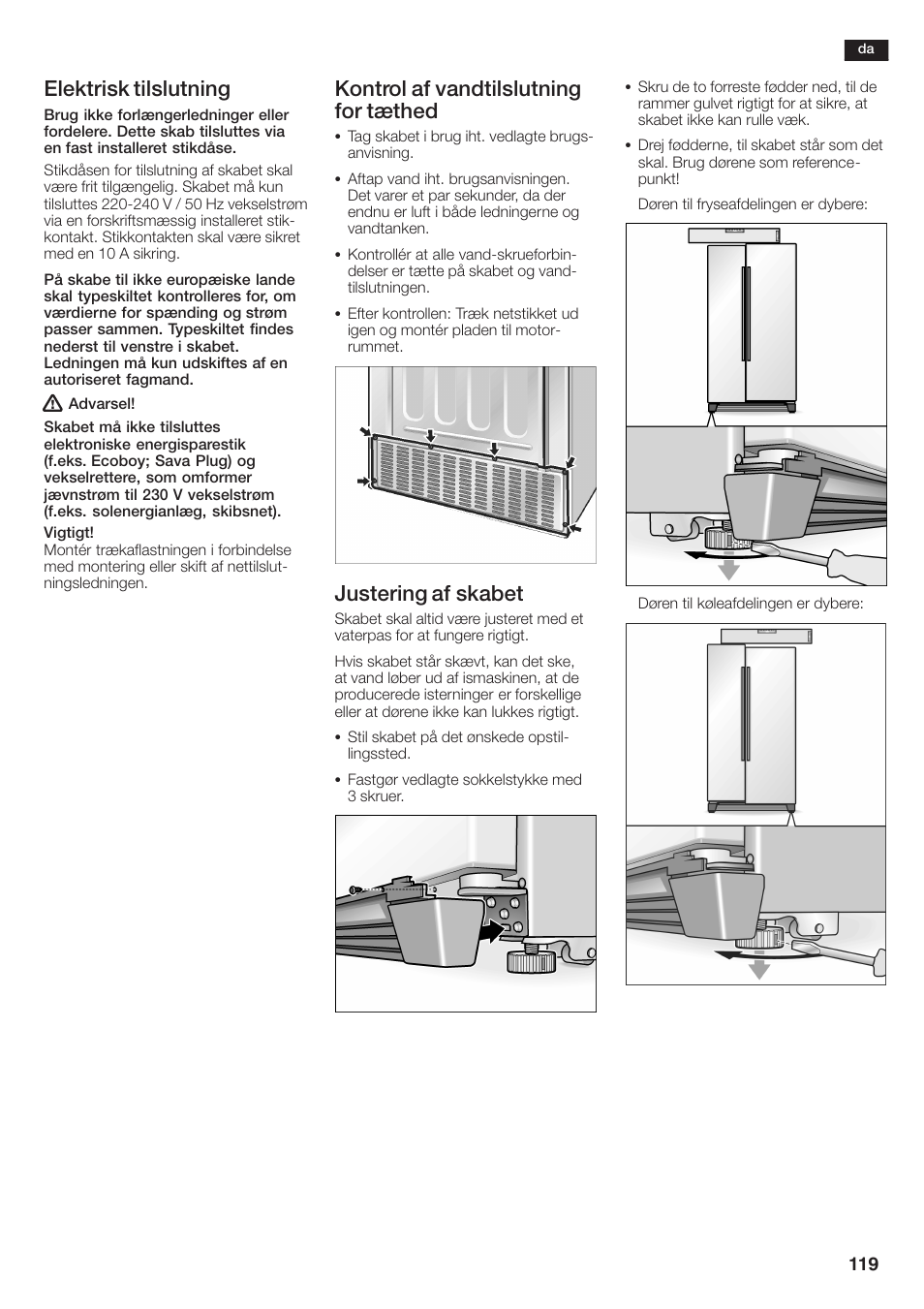 Elektrisk tilslutning, Kontrol af vandtilslutning for tæthed, Justering af skabet | Siemens KA58NA45 User Manual | Page 119 / 264