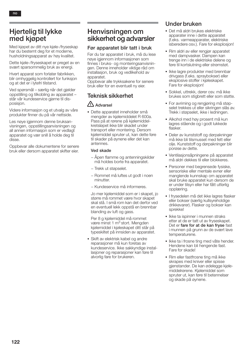 Hjertelig til lykke med kjøpet, Henvisningen om sikkerhet og advarsler, Teknisk sikkerhet | Under bruken | Siemens KA58NA45 User Manual | Page 122 / 264