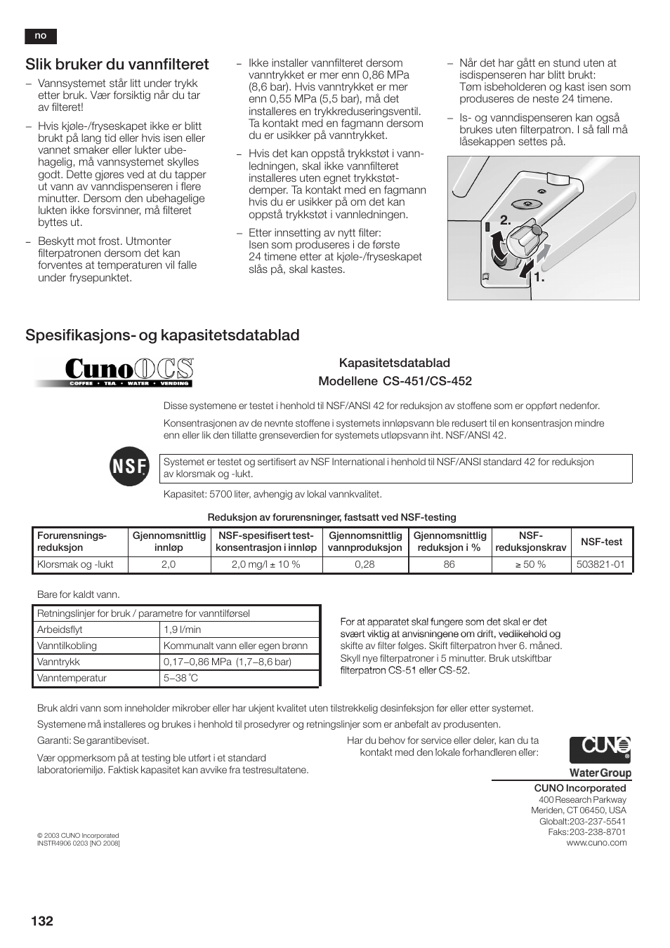 Slik bruker du vannfilteret, Spesifikasjonsć og kapasitetsdatablad | Siemens KA58NA45 User Manual | Page 132 / 264