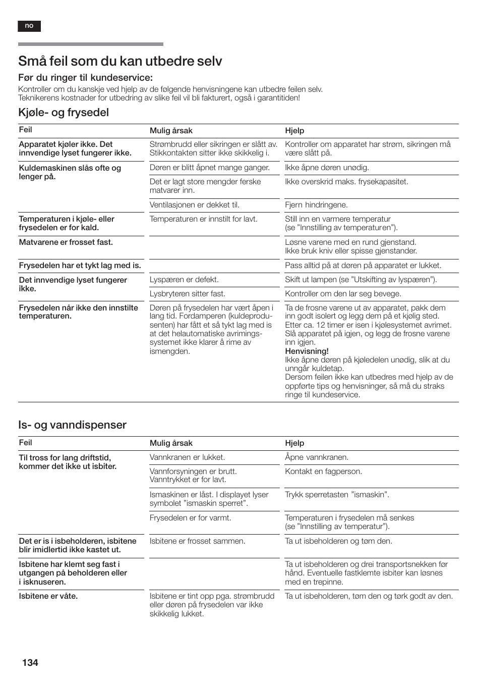Små feil som du kan utbedre selv, Kjøleć og frysedel, Isć og vanndispenser | Siemens KA58NA45 User Manual | Page 134 / 264