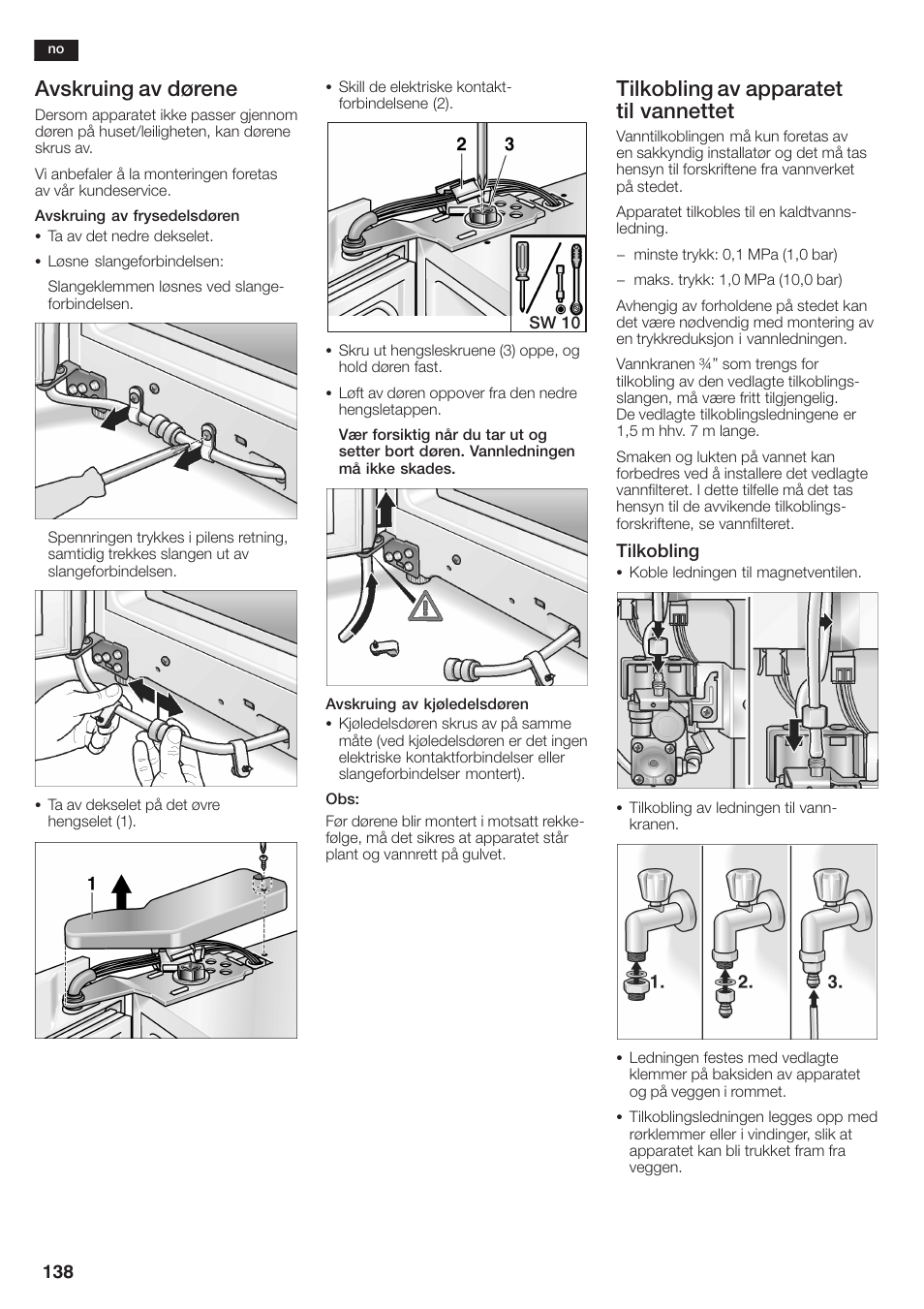 Avskruing av dørene, Tilkobling av apparatet til vannettet | Siemens KA58NA45 User Manual | Page 138 / 264