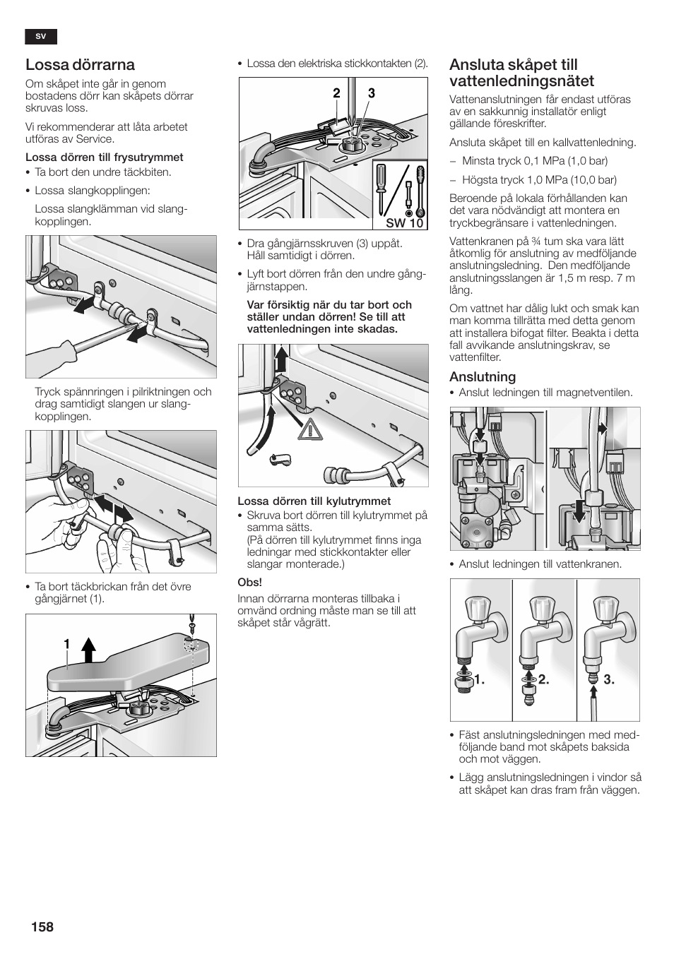 Lossa dörrarna, Ansluta skåpet till vattenledningsnätet | Siemens KA58NA45 User Manual | Page 158 / 264