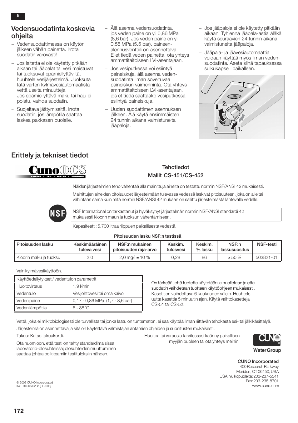Vedensuodatinta koskevia ohjeita, Erittely ja tekniset tiedot | Siemens KA58NA45 User Manual | Page 172 / 264