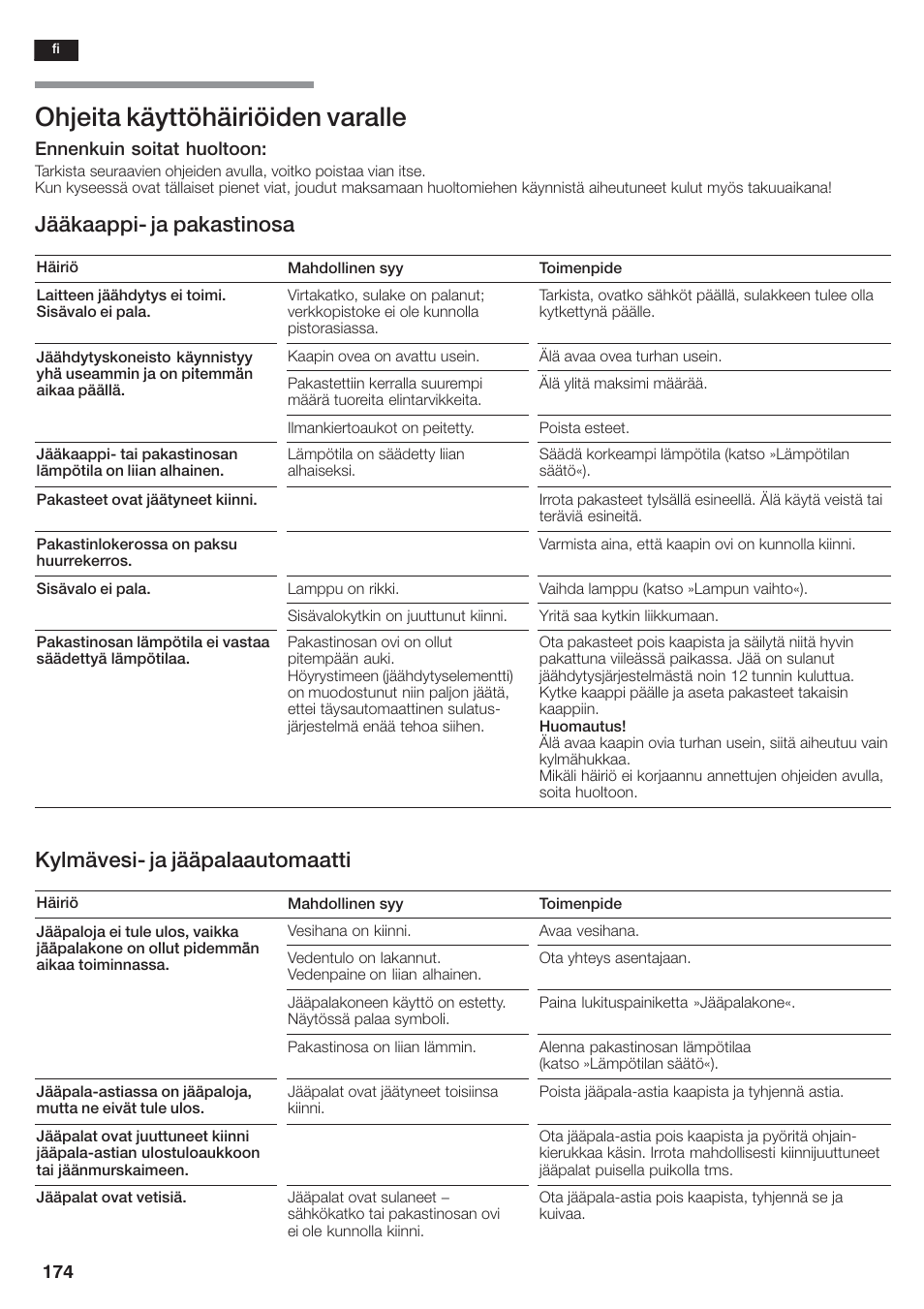 Ohjeita käyttöhäiriöiden varalle, Jääkaappić ja pakastinosa, Kylmävesić ja jääpalaautomaatti | Siemens KA58NA45 User Manual | Page 174 / 264