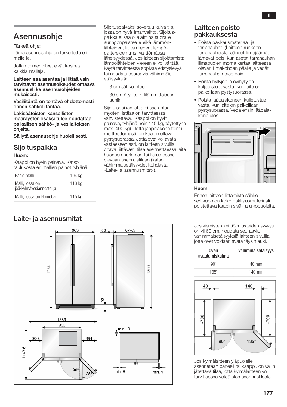 Asennusohje, Sijoituspaikka, Laitteen poisto pakkauksesta | Laiteć ja asennusmitat | Siemens KA58NA45 User Manual | Page 177 / 264