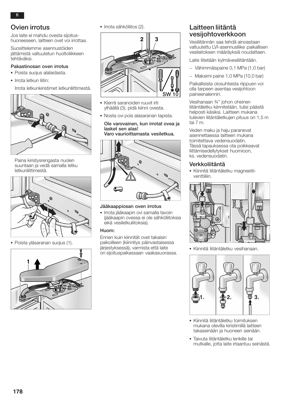 Ovien irrotus, Laitteen liitäntä vesijohtoverkkoon | Siemens KA58NA45 User Manual | Page 178 / 264
