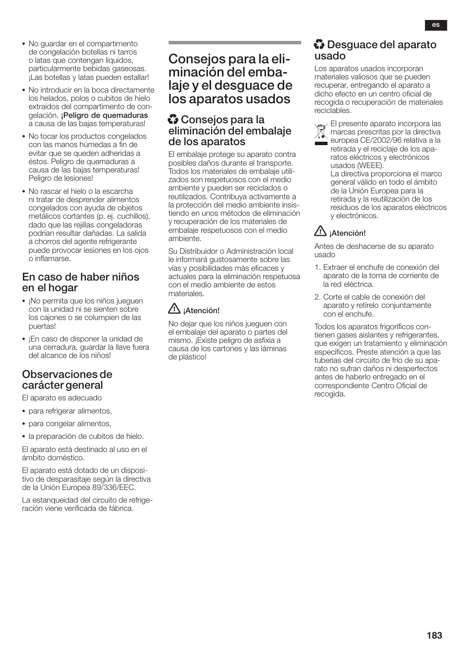 En caso de haber niños en el hogar, Observaciones de carácter general, Xdesguace del aparato usado | Siemens KA58NA45 User Manual | Page 183 / 264