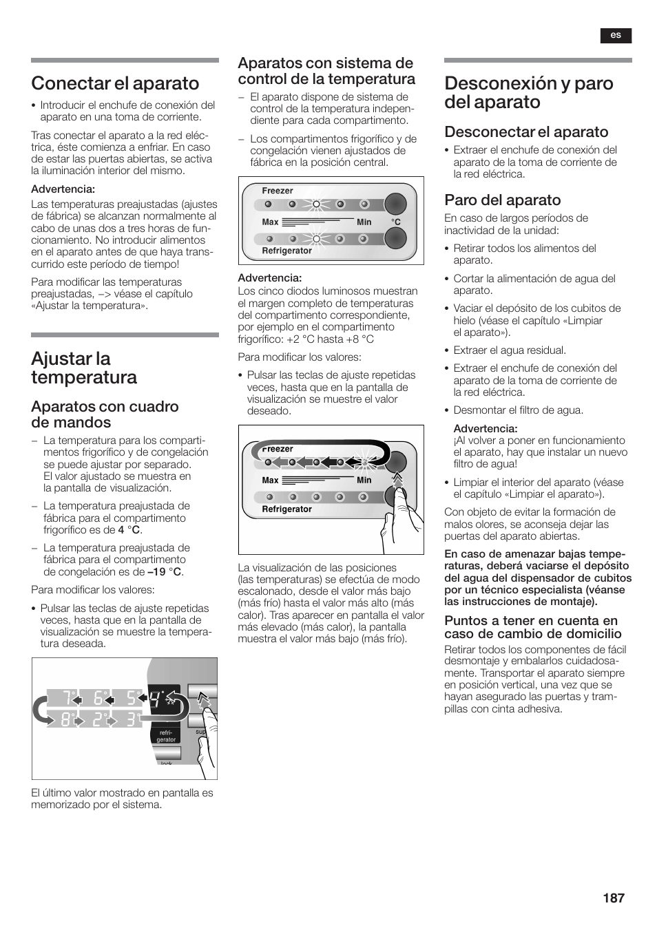 Conectar el aparato, Ajustar la temperatura, Desconexión y paro del aparato | Aparatos con cuadro de mandos, Aparatos con sistema de control de la temperatura, Desconectar el aparato, Paro del aparato | Siemens KA58NA45 User Manual | Page 187 / 264