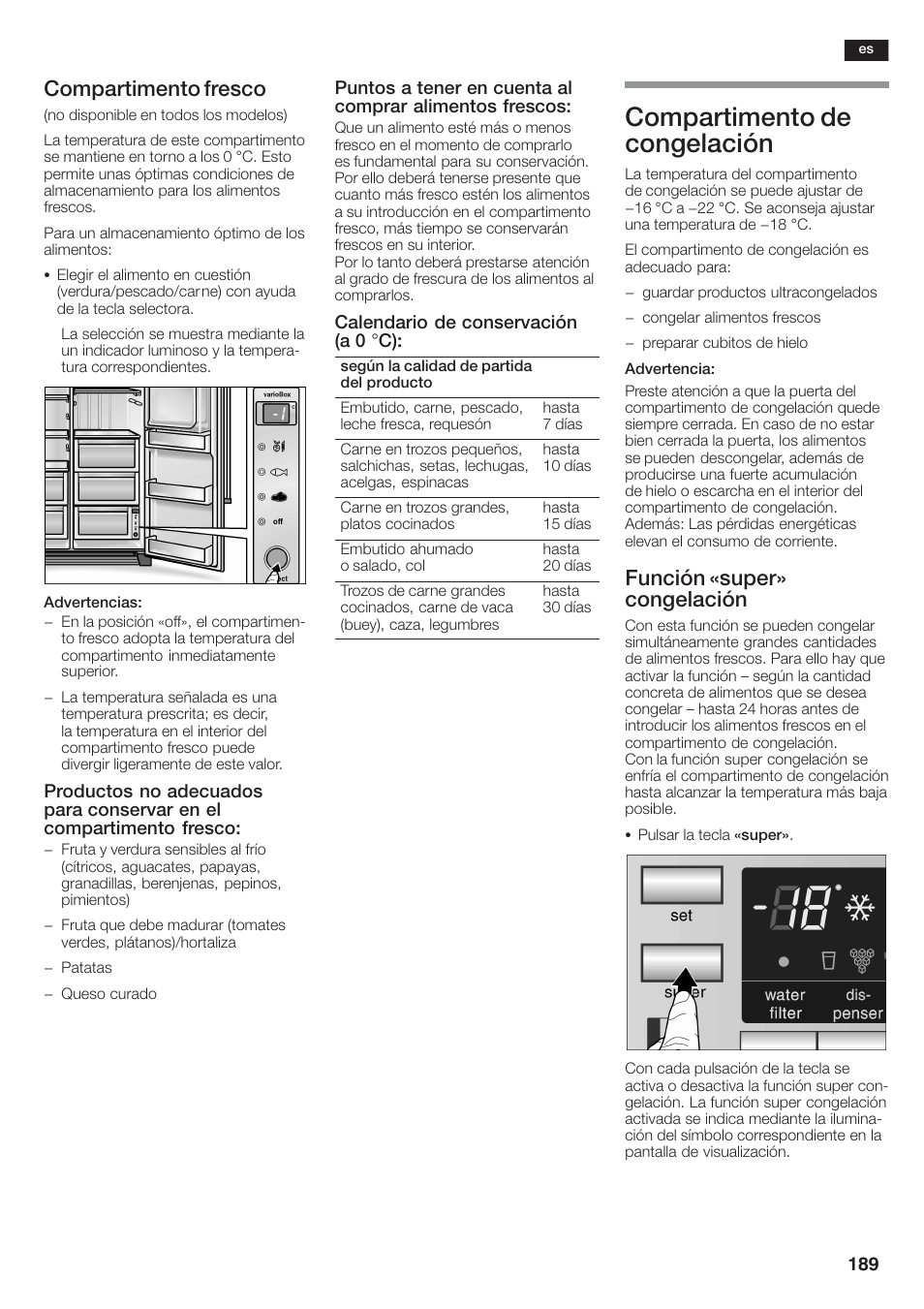 Compartimento de congelación, Compartimento fresco, Función «super» congelación | Siemens KA58NA45 User Manual | Page 189 / 264