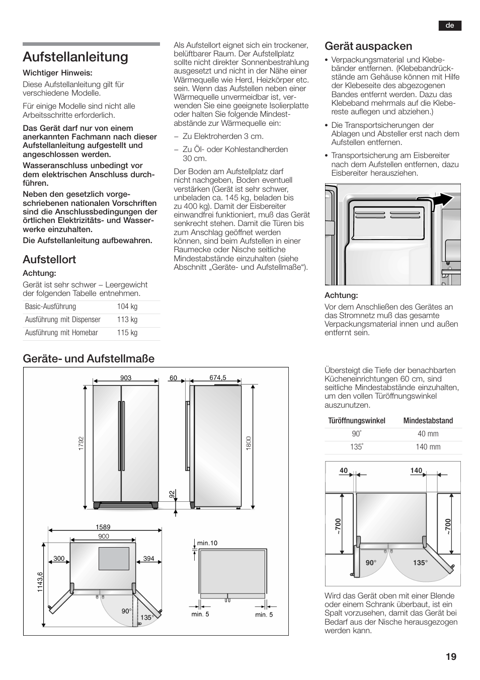 Aufstellanleitung, Aufstellort, Gerät auspacken | Geräteć und aufstellmaße | Siemens KA58NA45 User Manual | Page 19 / 264