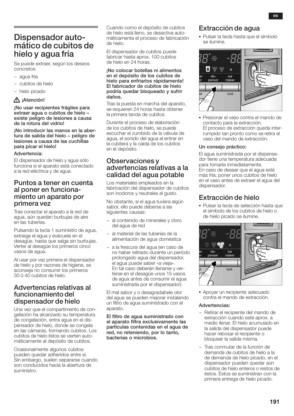 Extracción de agua, Extracción de hielo | Siemens KA58NA45 User Manual | Page 191 / 264