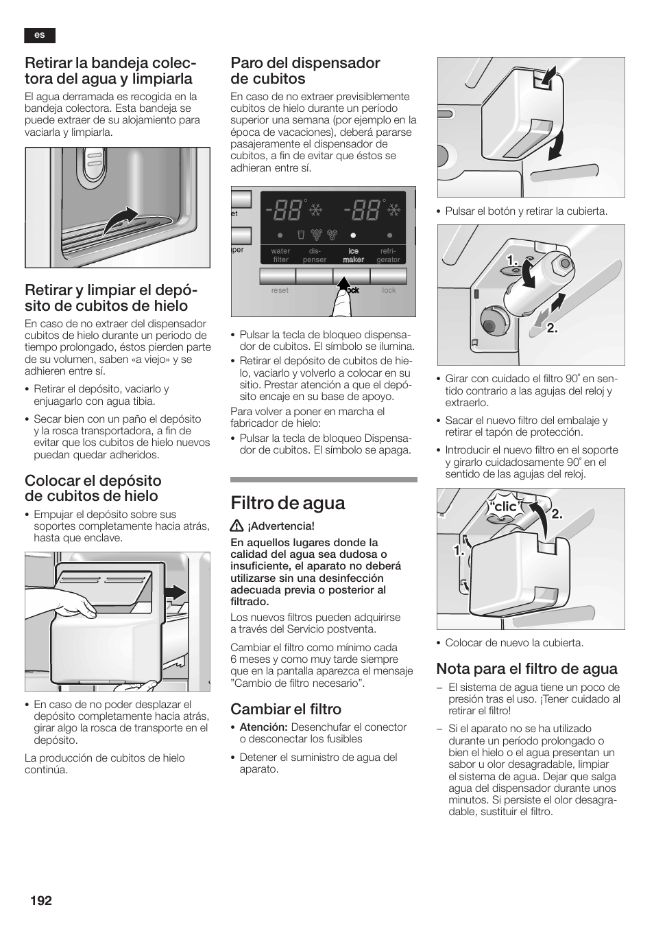 Filtro de agua, Colocar el depósito de cubitos de hielo, Paro del dispensador de cubitos | Cambiar el filtro, Nota para el filtro de agua | Siemens KA58NA45 User Manual | Page 192 / 264