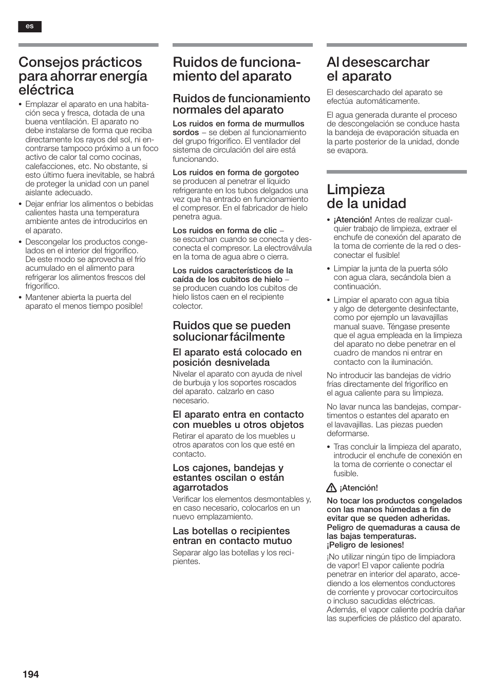 Consejos prácticos para ahorrar energía eléctrica, Ruidos de funcionać miento del aparato, Al desescarchar el aparato | Limpieza de la unidad, Ruidos de funcionamiento normales del aparato, Ruidos que se pueden solucionar fácilmente | Siemens KA58NA45 User Manual | Page 194 / 264