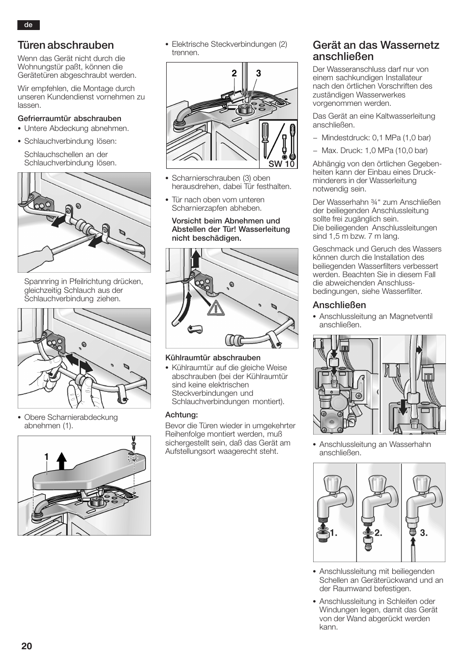 Türen abschrauben, Gerät an das wassernetz anschließen | Siemens KA58NA45 User Manual | Page 20 / 264