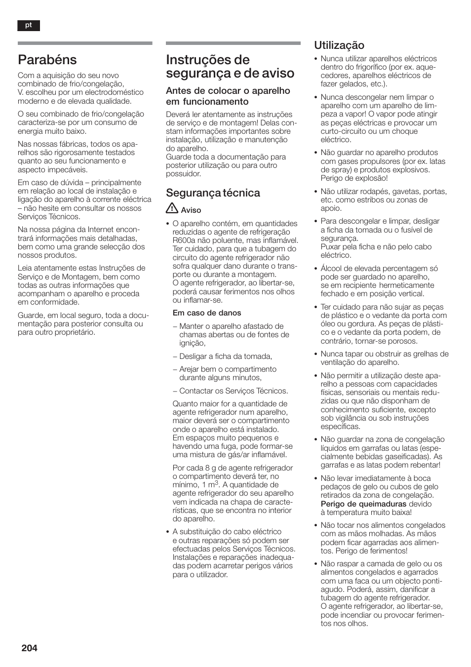 Parabéns, Instruções de segurança e de aviso, Segurança técnica | Utilização | Siemens KA58NA45 User Manual | Page 204 / 264