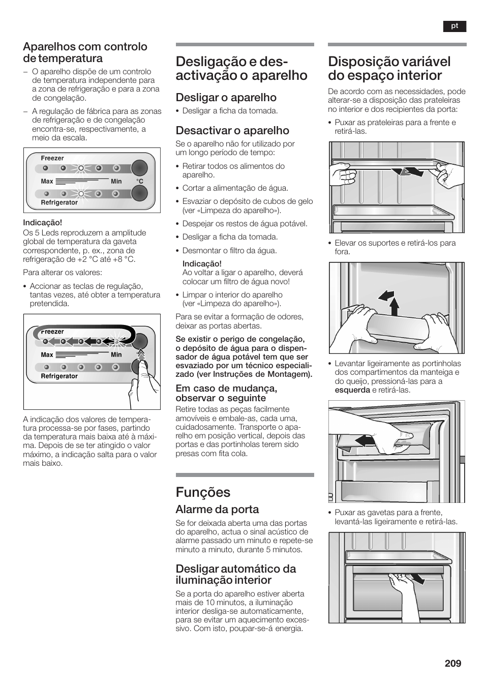 Desligação e desć activação o aparelho, Funções, Disposição variável do espaço interior | Aparelhos com controlo de temperatura, Desligar o aparelho, Desactivar o aparelho, Alarme da porta, Desligar automático da iluminação interior | Siemens KA58NA45 User Manual | Page 209 / 264