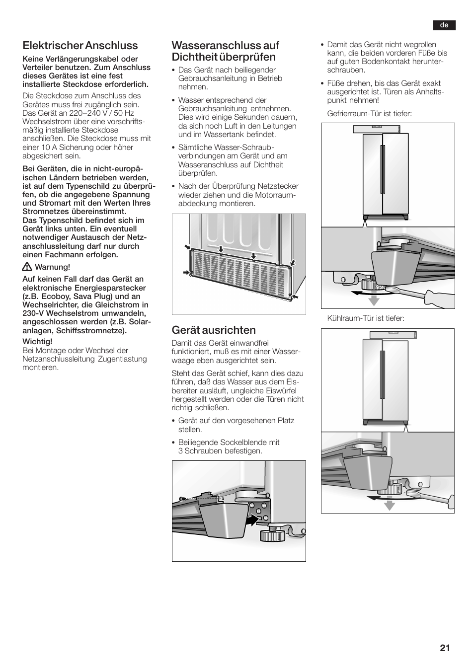 Elektrischer anschluss, Wasseranschluss auf dichtheit überprüfen, Gerät ausrichten | Siemens KA58NA45 User Manual | Page 21 / 264