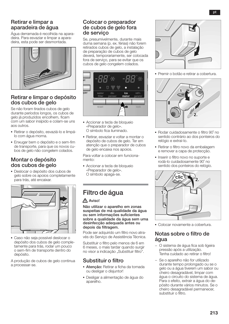 Filtro de água, Retirar e limpar a aparadeira de água, Retirar e limpar o depósito dos cubos de gelo | Montar o depósito dos cubos de gelo, Substituir o filtro, Notas sobre o filtro de água | Siemens KA58NA45 User Manual | Page 213 / 264