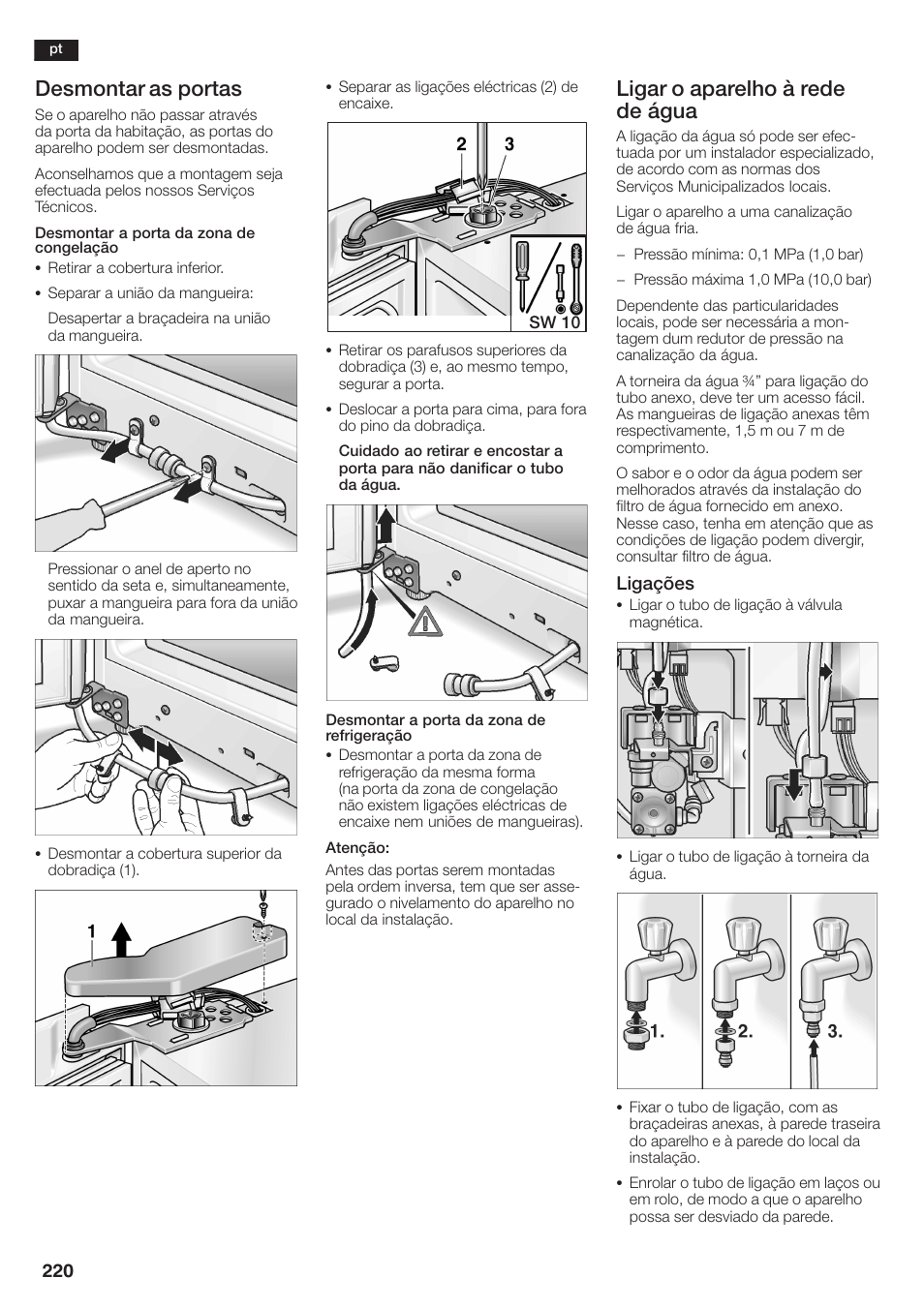 Desmontar as portas, Ligar o aparelho à rede de água | Siemens KA58NA45 User Manual | Page 220 / 264