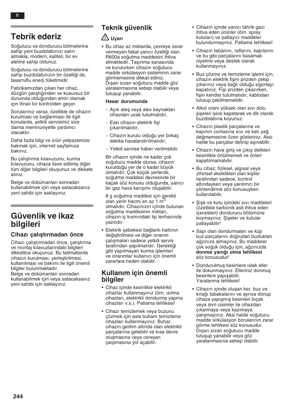 Tebrik ederiz, Güvenlik ve ikaz bilgileri, Teknik güvenlik | Kullanm için önemli bilgiler | Siemens KA58NA45 User Manual | Page 244 / 264