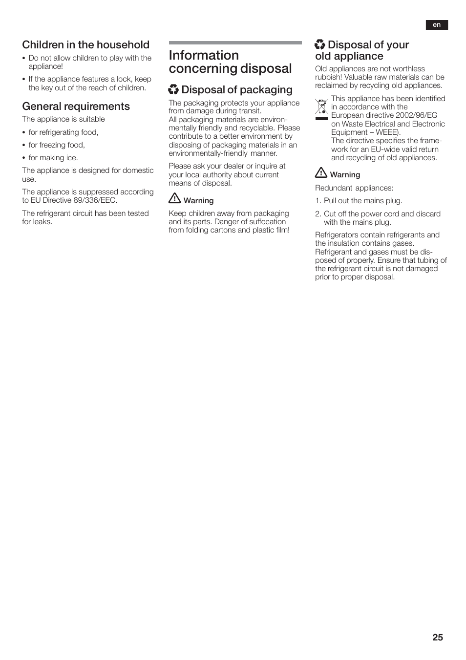 Information concerning disposal, Children in the household, General requirements | X disposal of packaging, X disposal of your old appliance | Siemens KA58NA45 User Manual | Page 25 / 264
