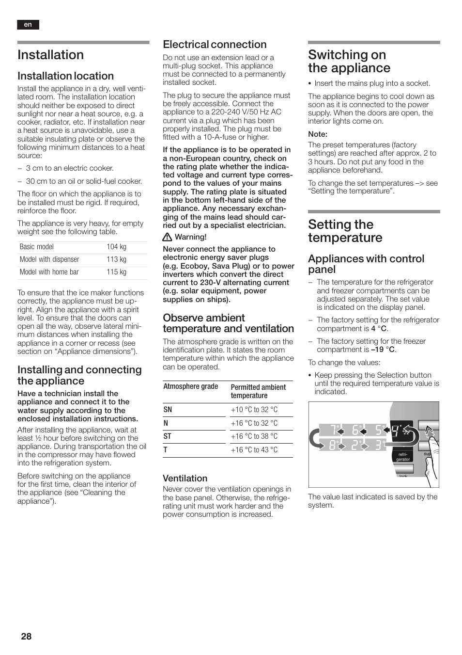 Installation, Switching on the appliance, Setting the temperature | Installation location, Installing and connecting the appliance, Electrical connection, Observe ambient temperature and ventilation, Appliances with control panel | Siemens KA58NA45 User Manual | Page 28 / 264