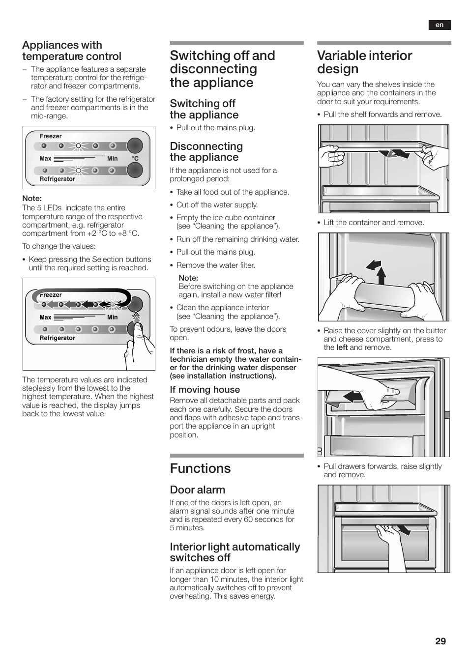 Switching off and disconnecting the appliance, Functions, Variable interior design | Appliances with temperature control, Switching off the appliance, Disconnecting the appliance, Door alarm, Interior light automatically switches off | Siemens KA58NA45 User Manual | Page 29 / 264