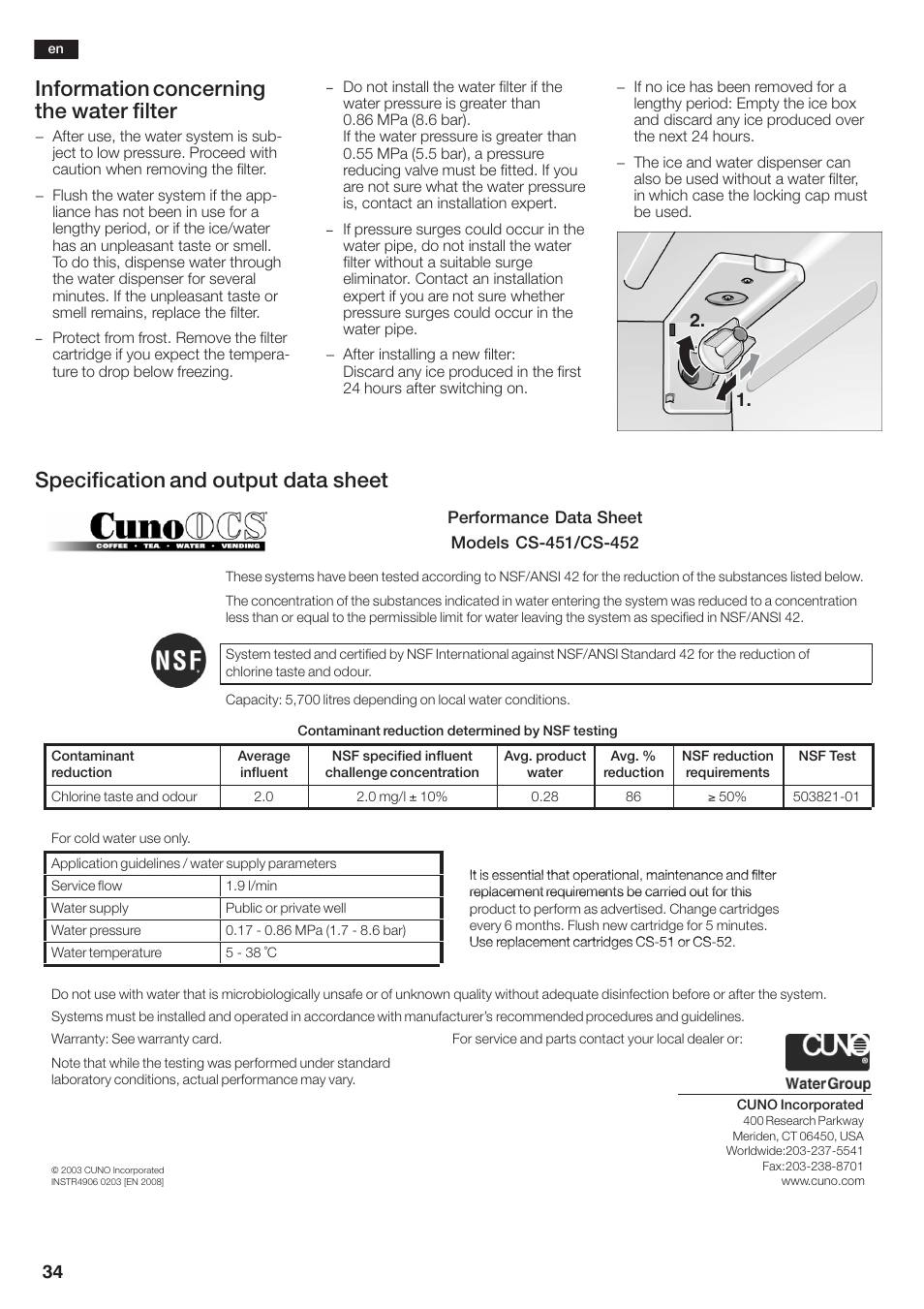 Information concerning the water filter, Specification and output data sheet | Siemens KA58NA45 User Manual | Page 34 / 264