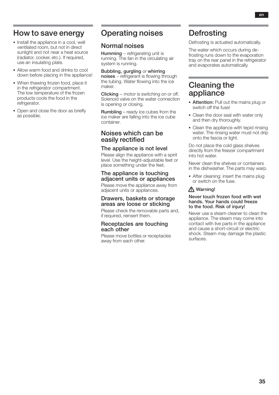 How to save energy, Operating noises, Defrosting | Cleaning the appliance, Normal noises, Noises which can be easily rectified | Siemens KA58NA45 User Manual | Page 35 / 264