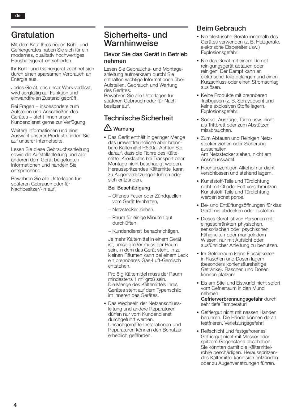 Gratulation, Sicherheitsć und warnhinweise, Technische sicherheit | Beim gebrauch | Siemens KA58NA45 User Manual | Page 4 / 264