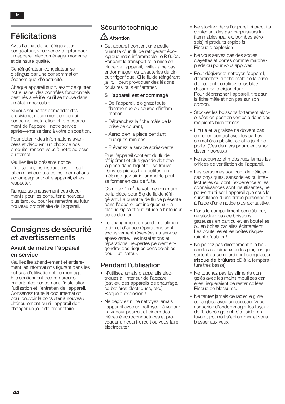 Félicitations, Consignes de sécurité et avertissements, Sécurité technique | Pendant l'utilisation | Siemens KA58NA45 User Manual | Page 44 / 264