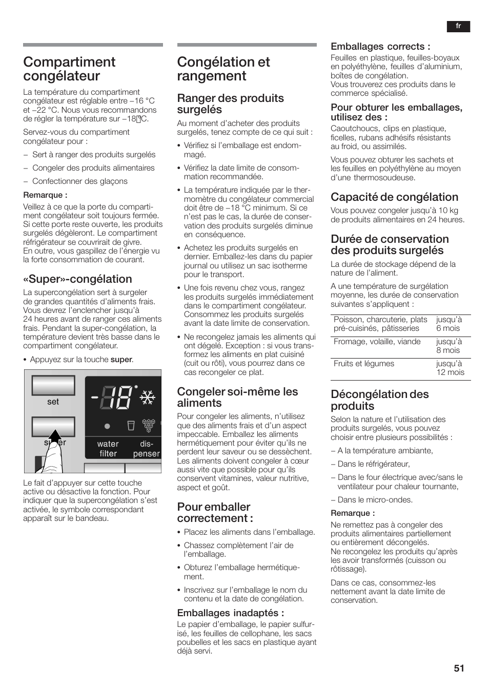 Compartiment congélateur, Congélation et rangement, Super»ćcongélation | Ranger des produits surgelés, Congeler soićmême les aliments, Pour emballer correctement, Capacité de congélation, Durée de conservation des produits surgelés, Décongélation des produits | Siemens KA58NA45 User Manual | Page 51 / 264
