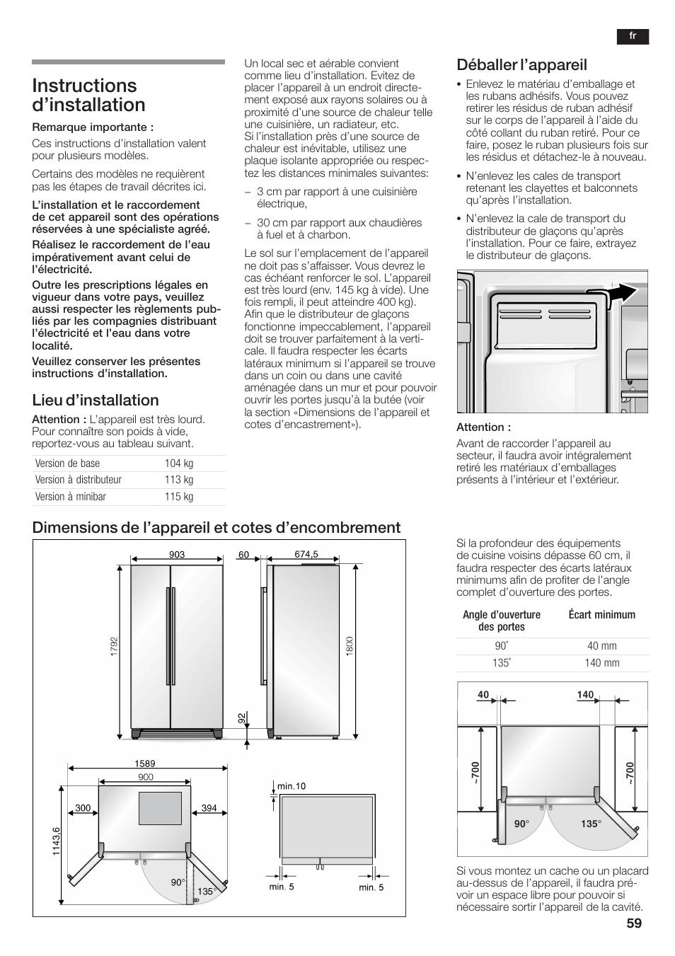 Instructions d'installation, Lieu d'installation, Déballer l'appareil | Dimensions de l'appareil et cotes d'encombrement | Siemens KA58NA45 User Manual | Page 59 / 264