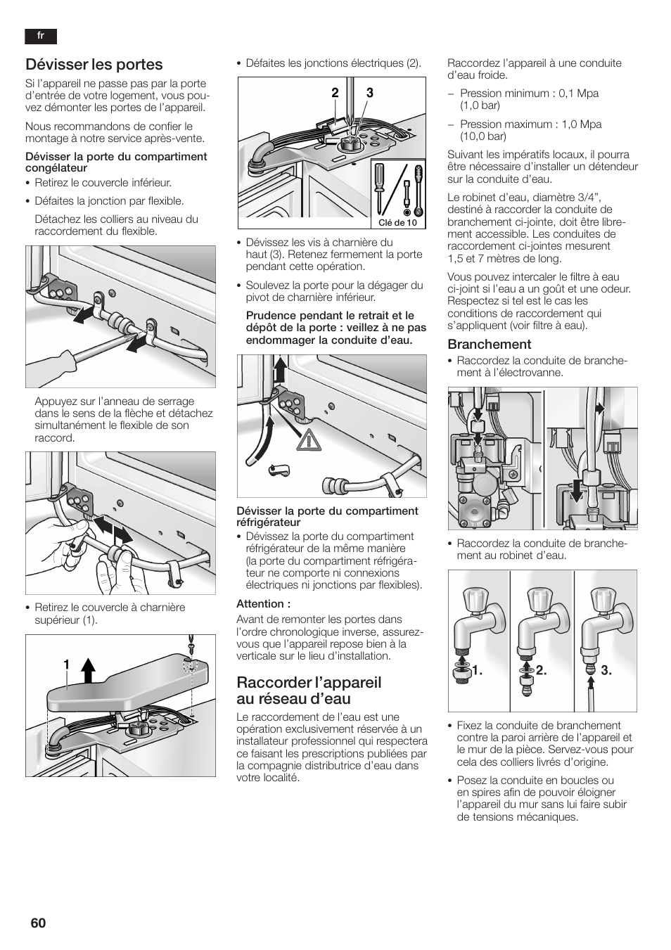 Dévisser les portes, Raccorder l'appareil au réseau d'eau | Siemens KA58NA45 User Manual | Page 60 / 264