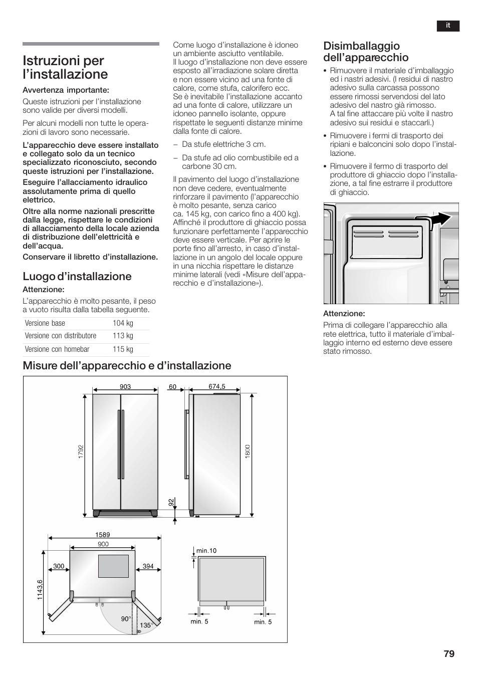 Istruzioni per l'installazione, Luogo d'installazione, Disimballaggio dell'apparecchio | Misure dell'apparecchio e d'installazione | Siemens KA58NA45 User Manual | Page 79 / 264