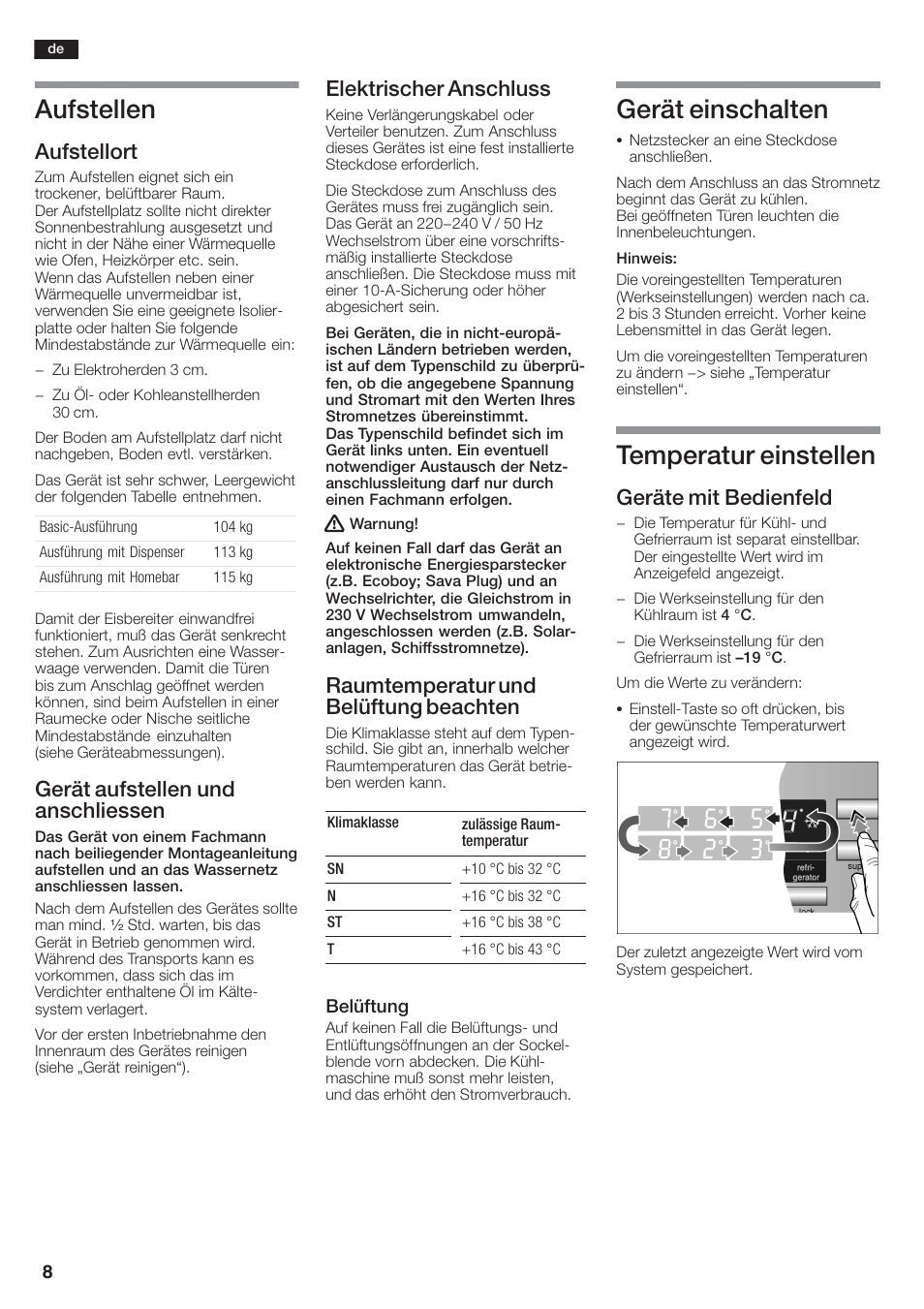 Aufstellen, Gerät einschalten, Temperatur einstellen | Aufstellort, Gerät aufstellen und anschliessen, Elektrischer anschluss, Raumtemperatur und belüftung beachten, Geräte mit bedienfeld | Siemens KA58NA45 User Manual | Page 8 / 264